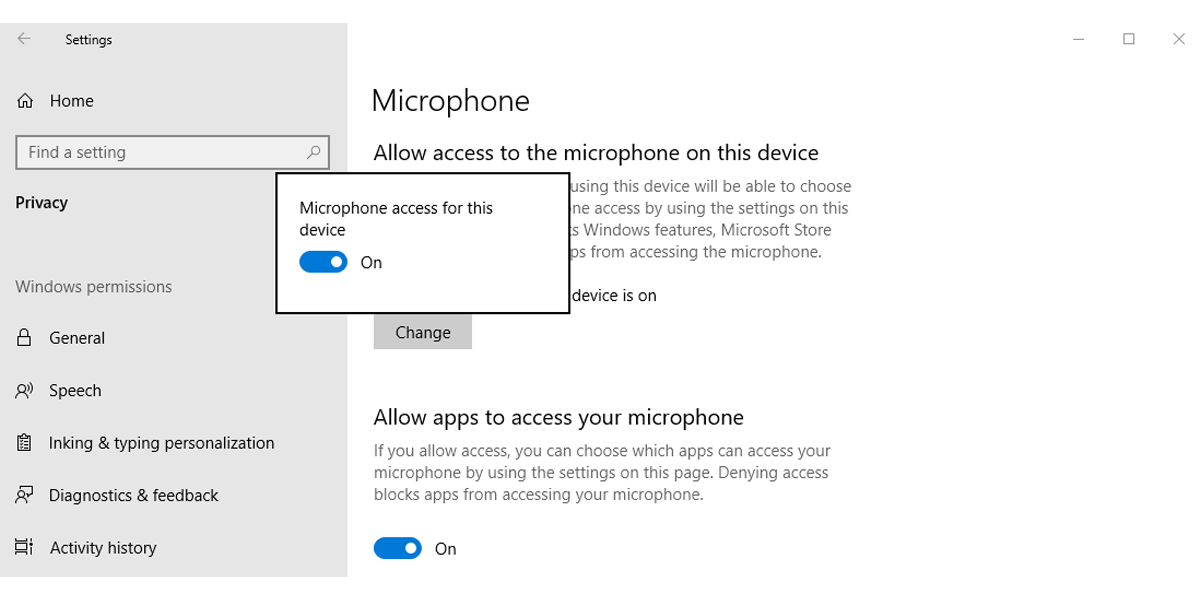 Параметры доступа к микрофону в Windows 10