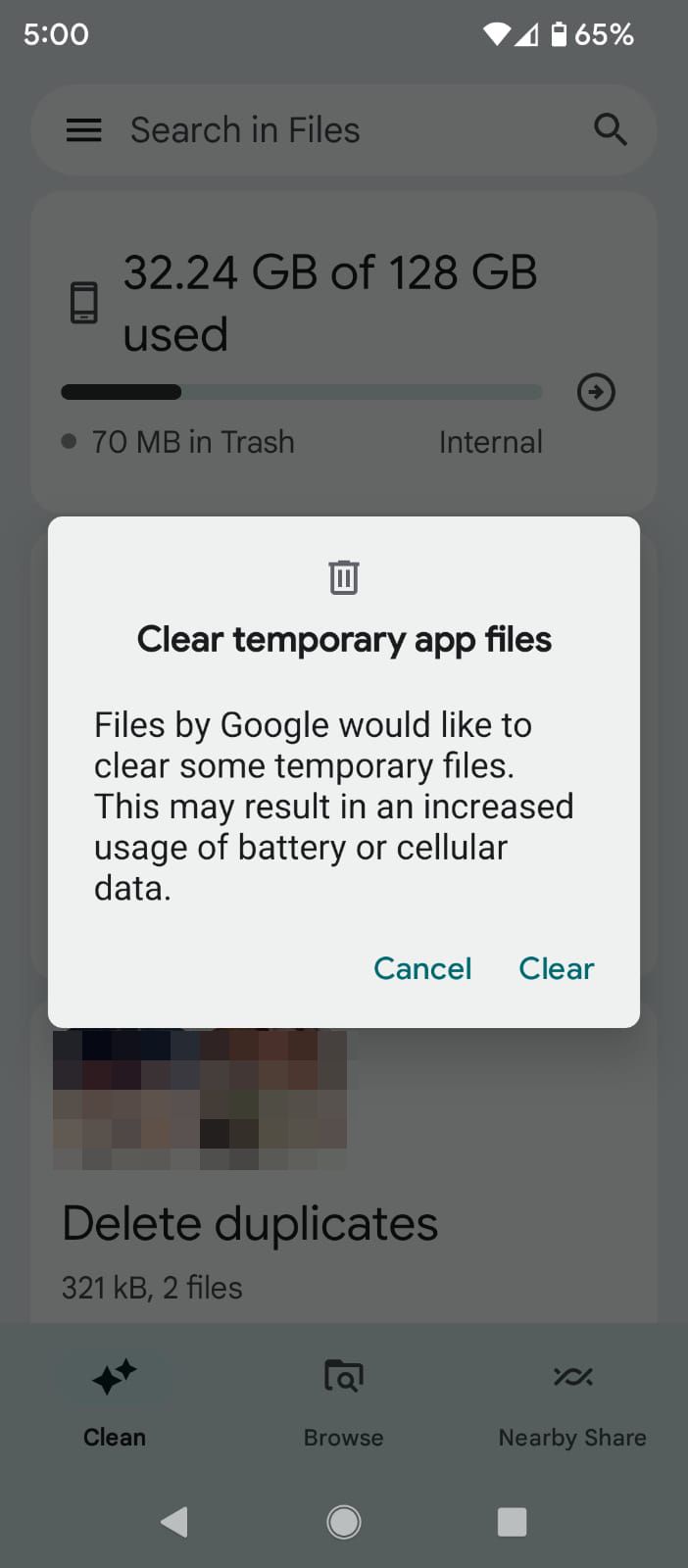 Очистка временных файлов приложений в Files by Google