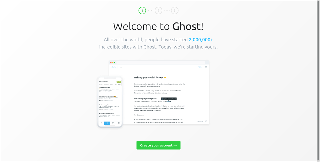 Скриншот мастера первоначальной настройки Ghost