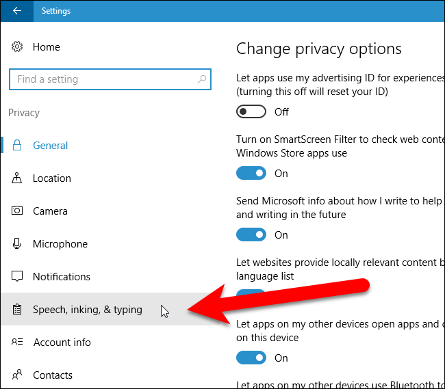 Выбор раздела «Речь, рукописный ввод и ввод с клавиатуры»