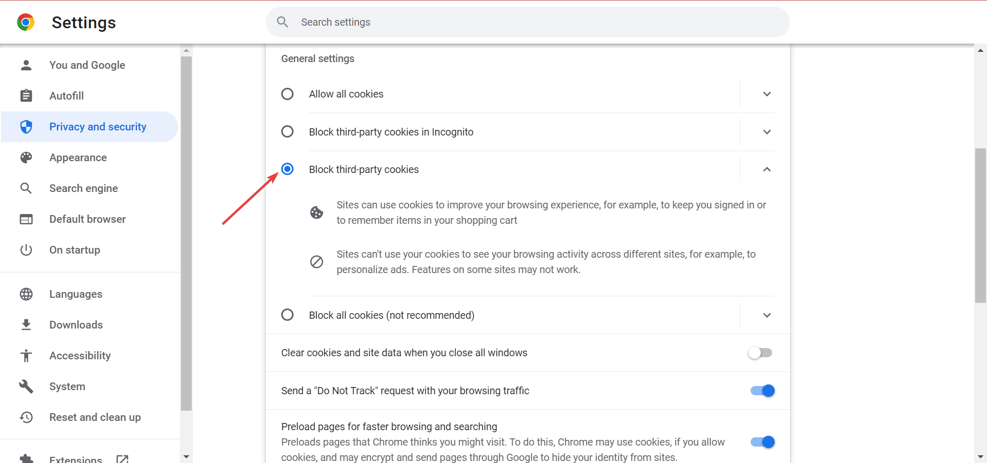 Опция «Block third-party cookies»