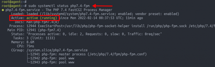 systemctl status php7.4-fpm — php-fpm активен