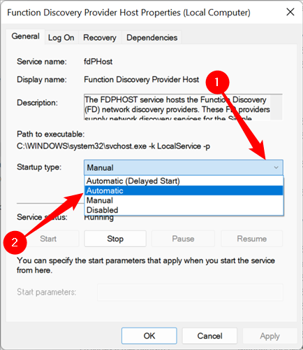 Окно свойств службы: выбор типа запуска 'Автоматически' или 'Автоматически (с задержкой)'.