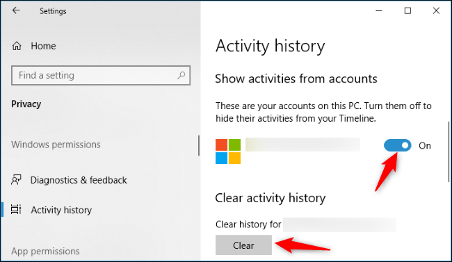 Кнопка очистки истории действий в Windows 10