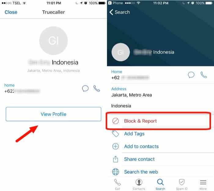 Карточка номера в TrueCaller с опцией Заблокировать и Пожаловаться