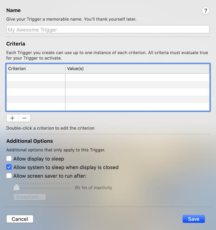 Окно выбора критериев для автоматизированных триггеров Amphetamine