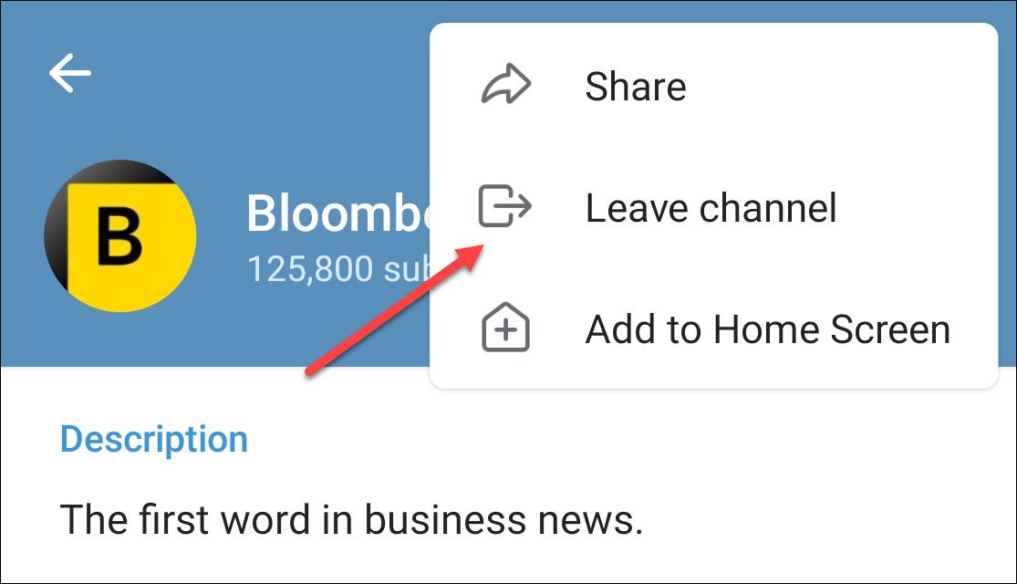 Меню канала с пунктом выхода