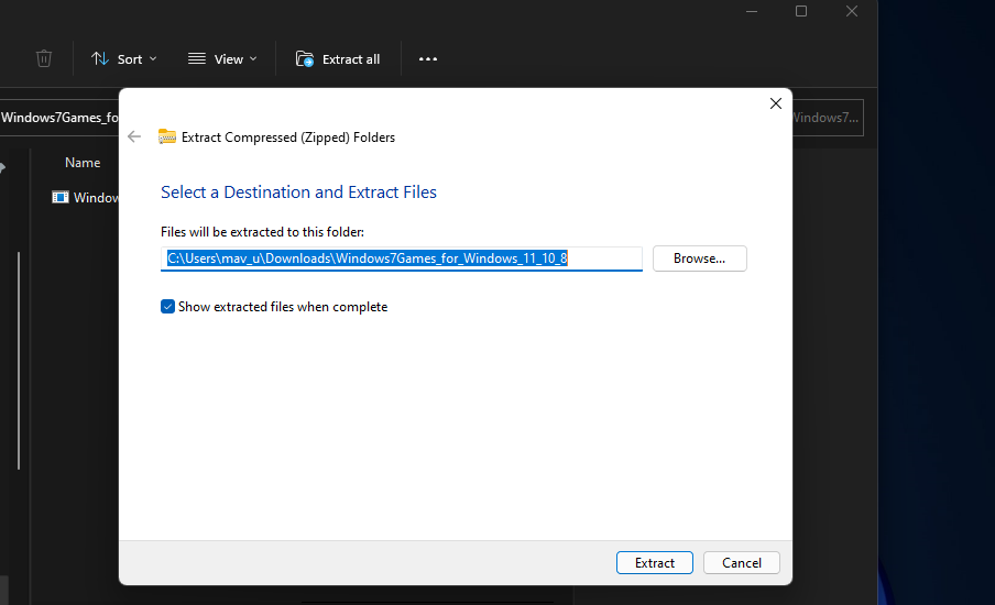 Окно извлечения с опцией показать извлечённые файлы