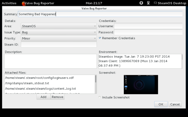 Утилита отправки отчёта об ошибке Valve на SteamOS