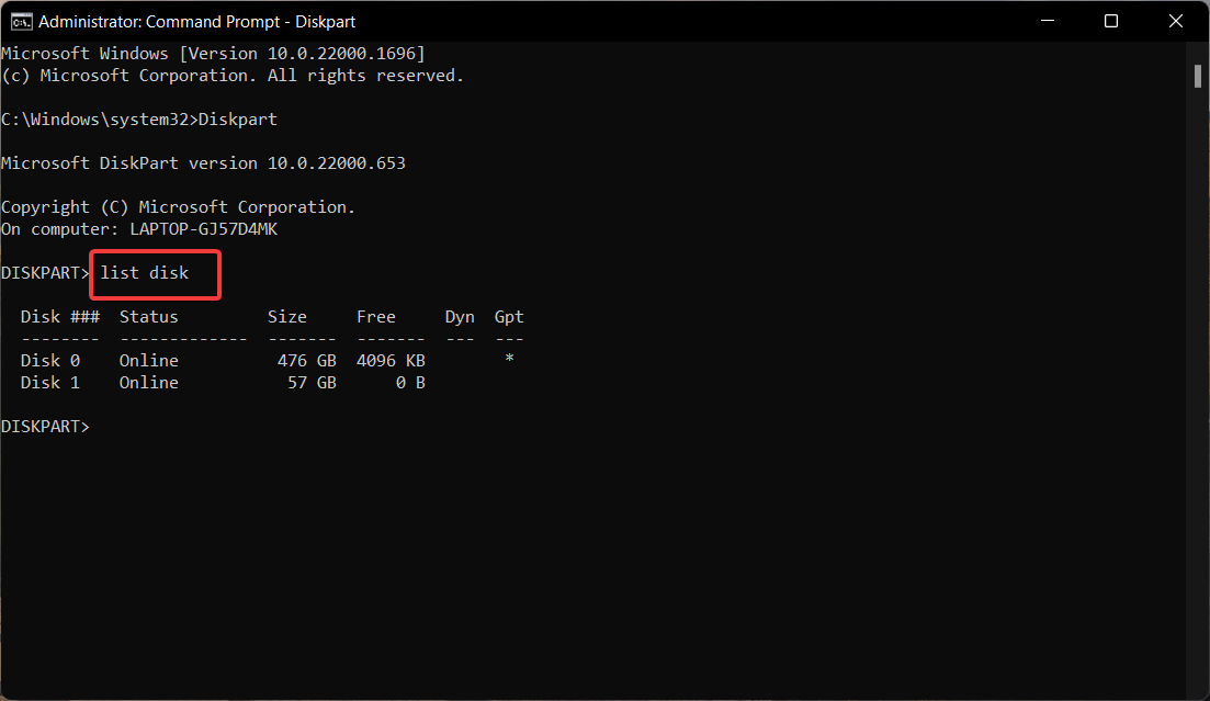 Команда list disk в DiskPart