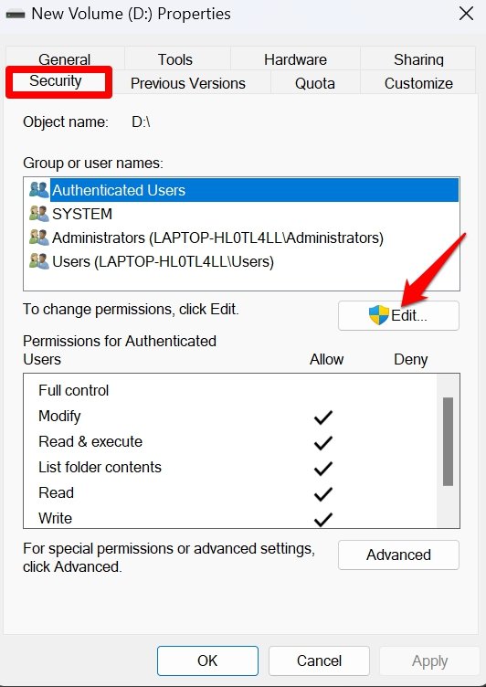 Окно редактирования прав доступа