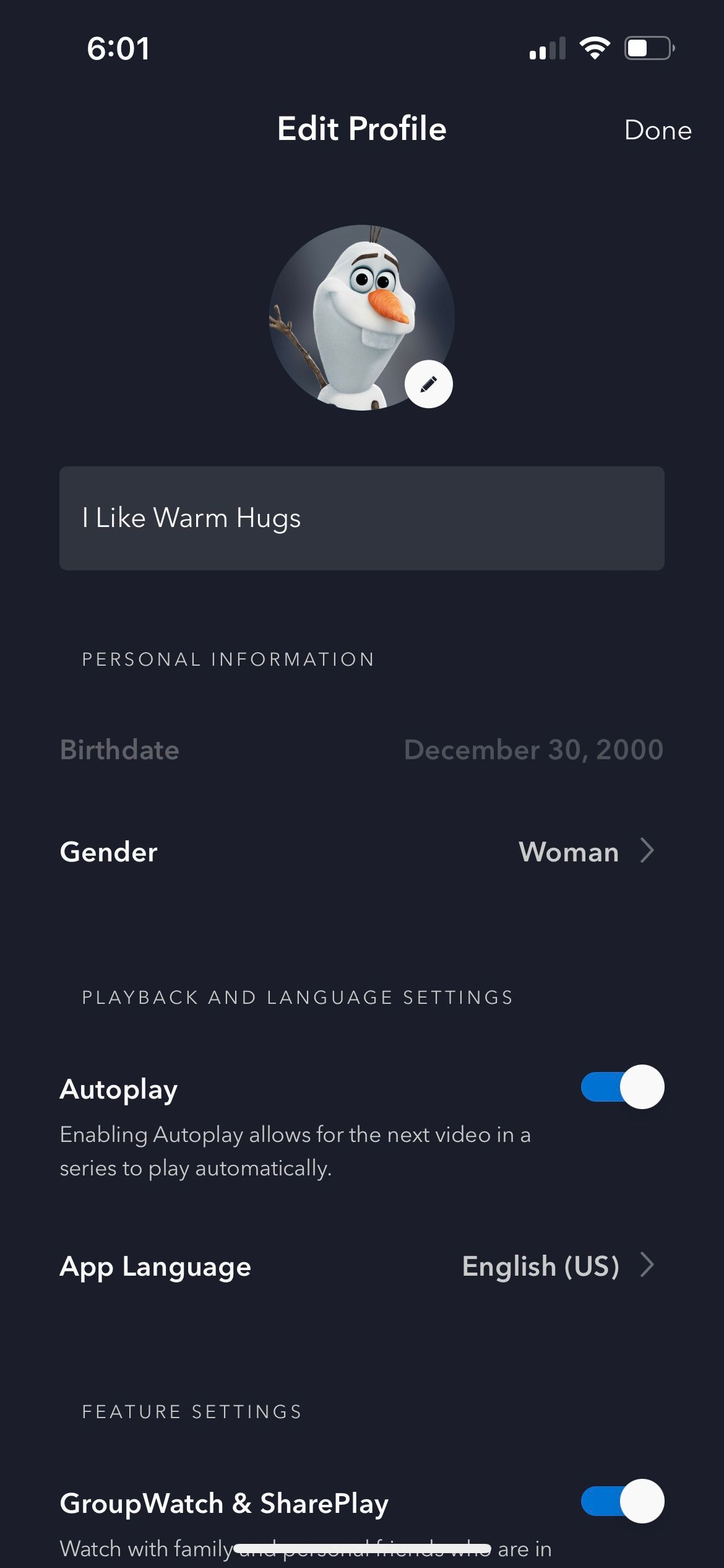 Страница редактирования профиля Disney на смартфоне с переключателями