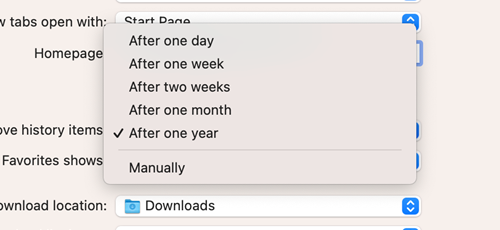 Меню выбора периода удаления истории от одного дня до года