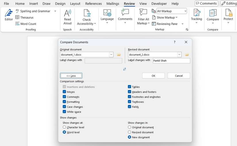 Окно сравнения документов в Microsoft Word с тремя панелями