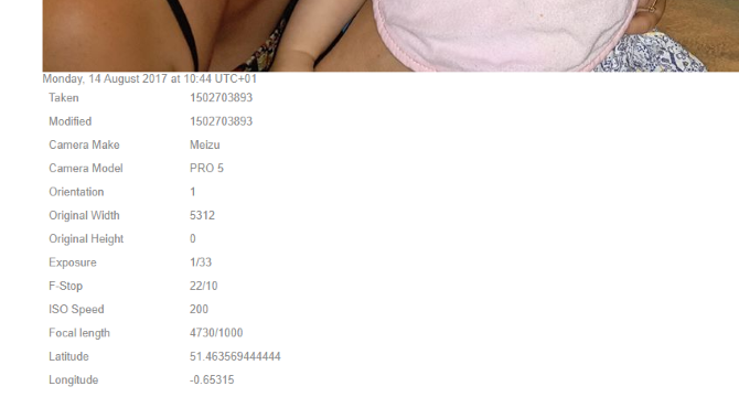 Снимок экрана с метаданными фото и информацией о местоположении