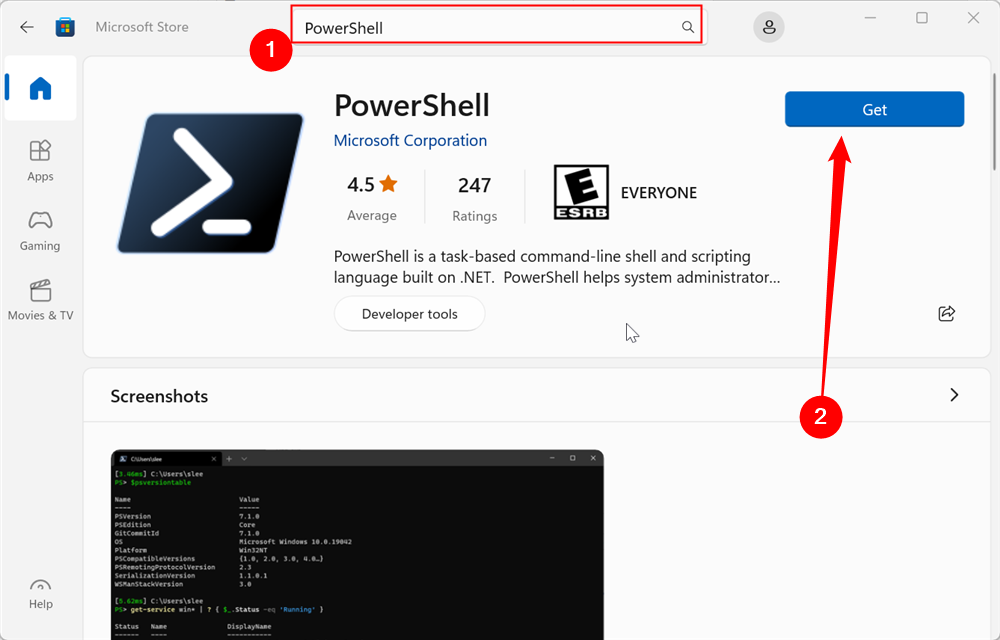 Поиск PowerShell в Microsoft Store и кнопка «Получить».