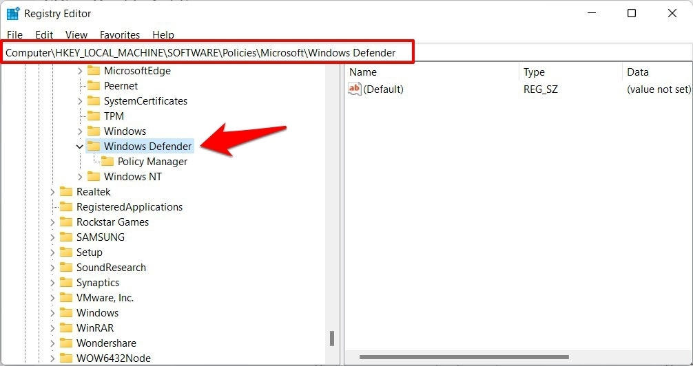 Окно Редактора реестра, папка Windows Defender