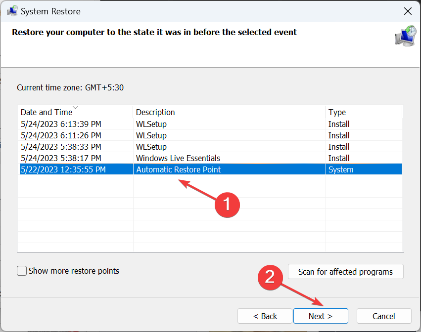 Выбор точки восстановления для отката системы