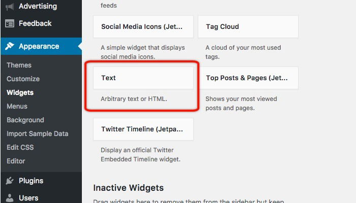 Раздел Виджеты в WordPress с выбором текстового виджета