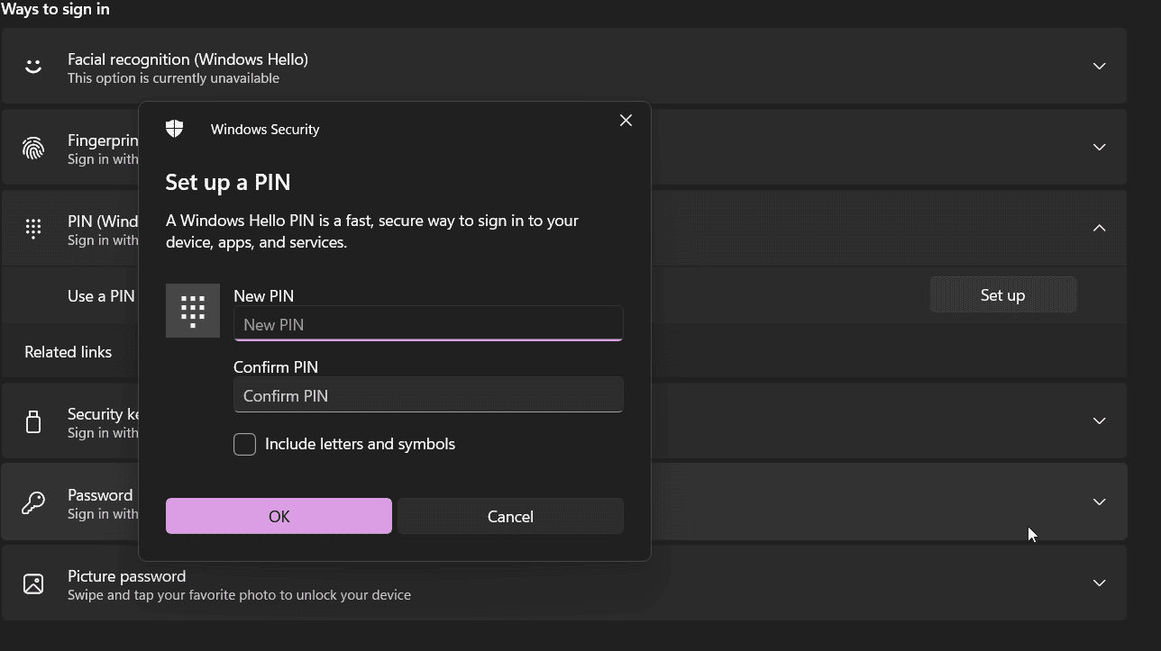 Создать новый PIN — ввод и подтверждение