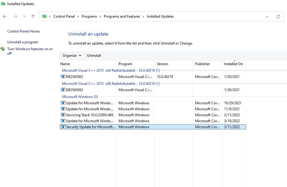 uninstalling recently installed updates