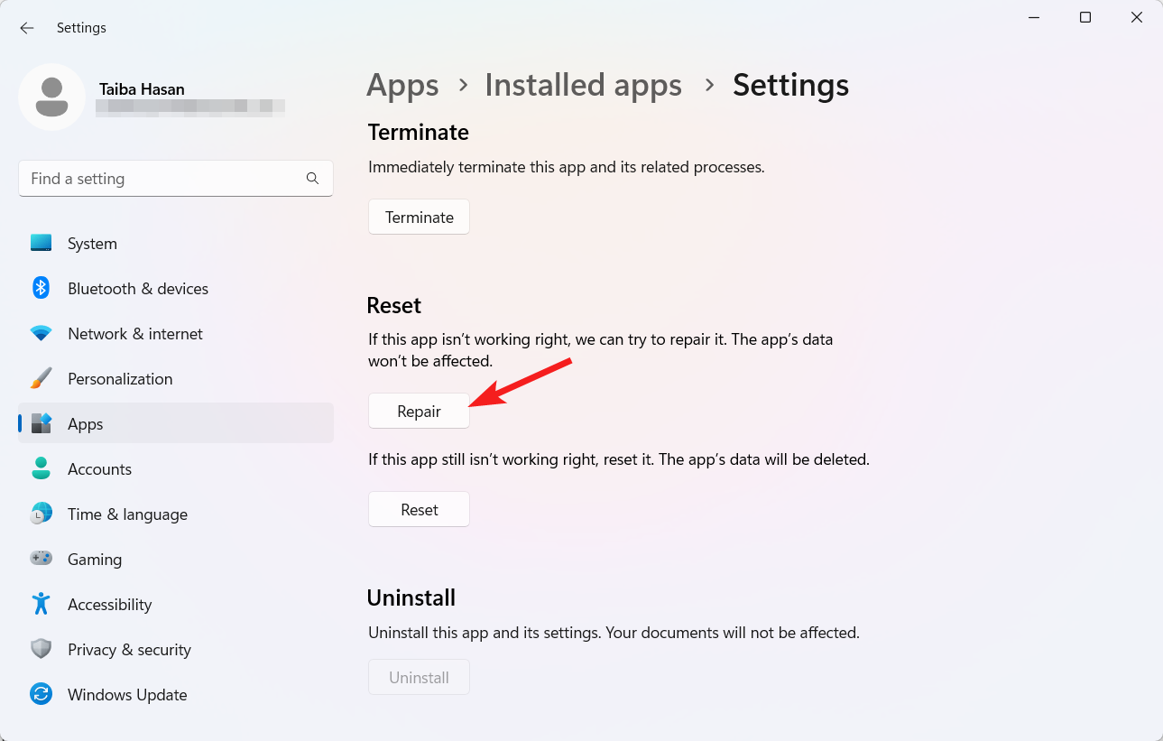 Кнопка 'Восстановить' для приложения 'Параметры' в Windows