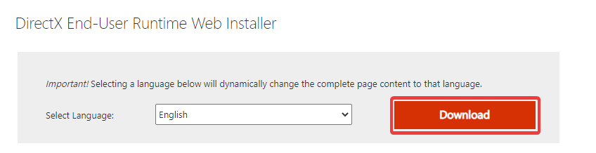 Страница загрузки установщика DirectX