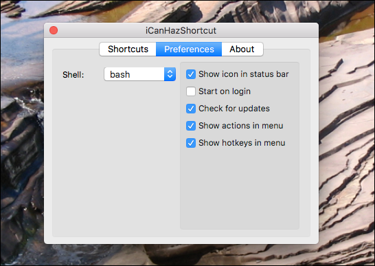Настройки и список ярлыков в iCanHazShortcut