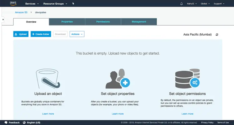 Экран загрузки объекта в S3
