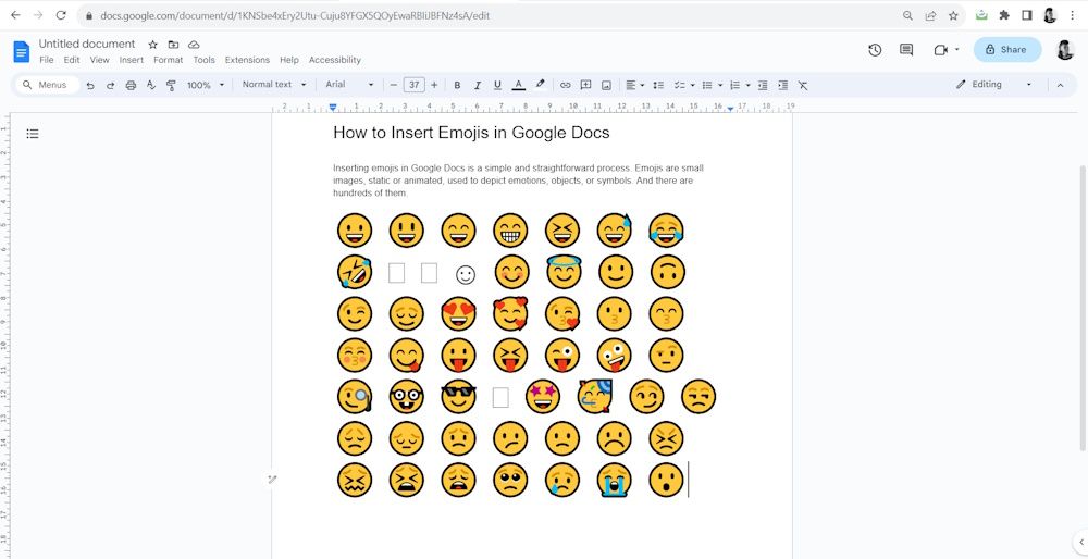 Google Docs показывающее вставленные эмодзи
