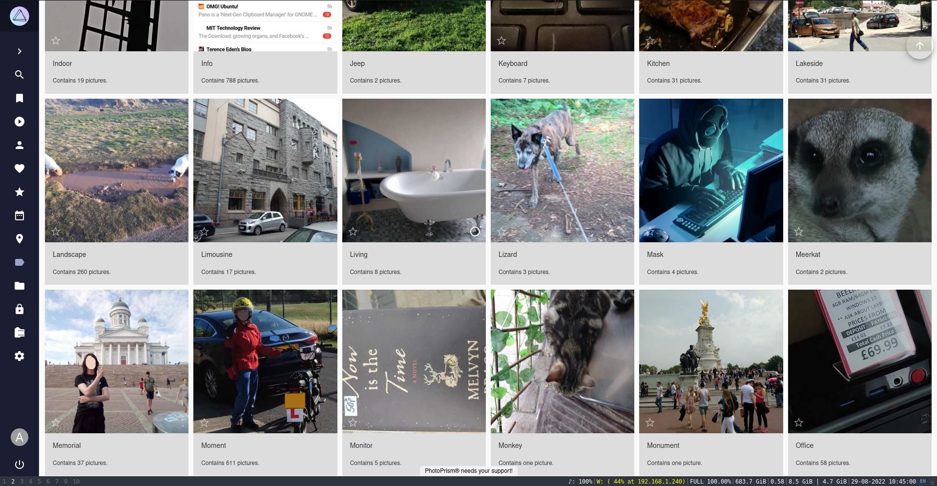 photoprism tags showing objects grouped by name