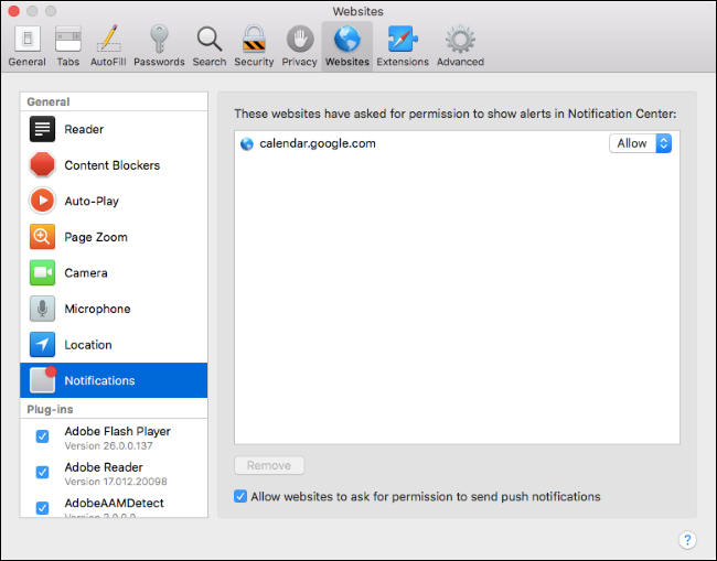 Список сайтов с разрешениями в Safari