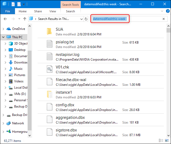 Результаты поиска файлов, изменённых за последнюю неделю
