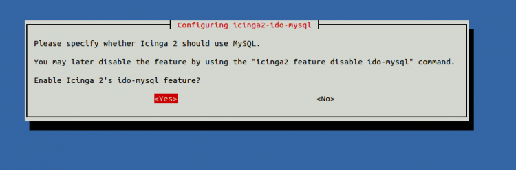 Подтвердите использование MySQL (диалог установки icinga2-ido-mysql)