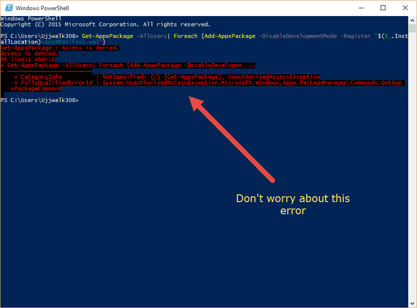 Запуск PowerShell и повторная регистрация пакетов приложения