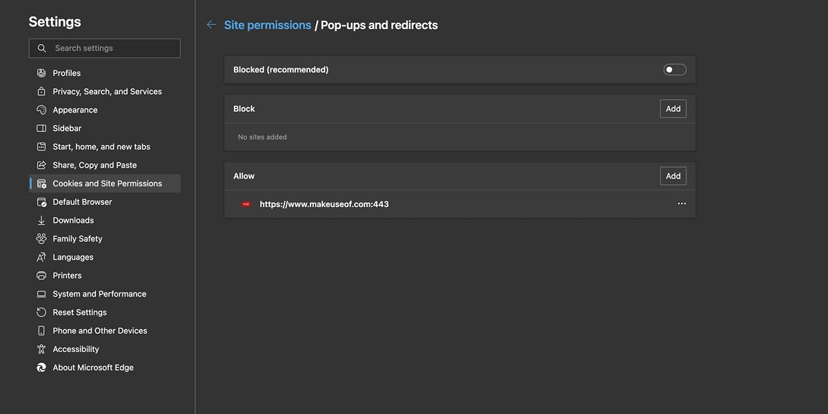 постоянное разрешение всплывающих окон в Edge