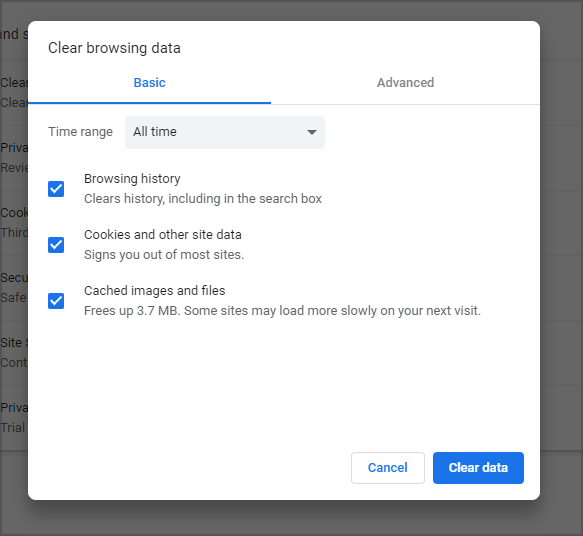 Кнопка «Очистить данные» в окне удаления истории