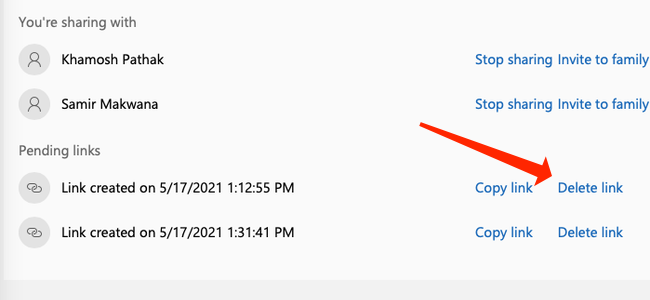 Нажмите Delete link, чтобы удалить ссылку-приглашение