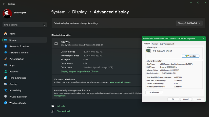 Проверка VRAM в Windows 11 — окно свойств адаптера