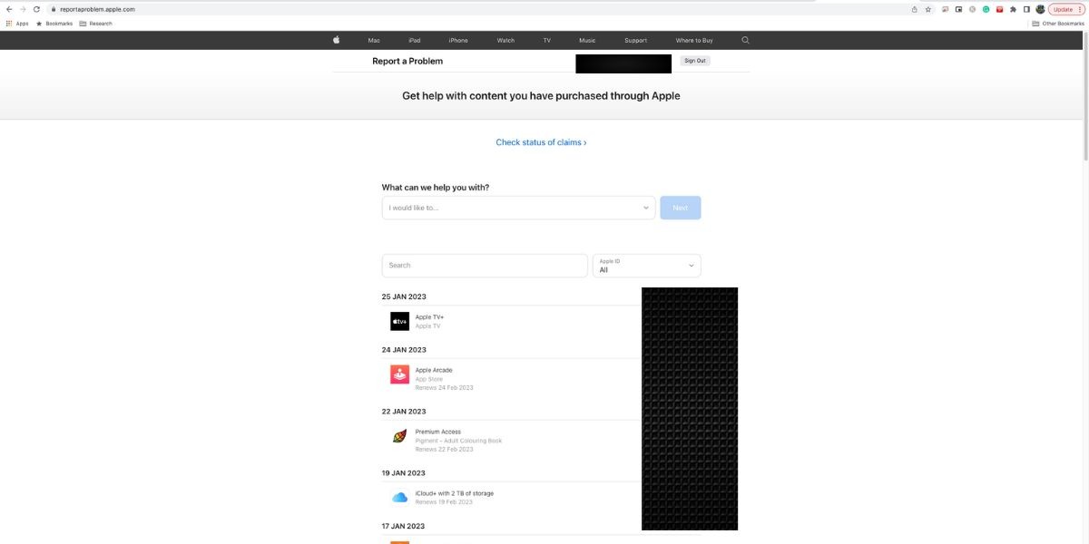 Страница «Сообщить о проблеме» в браузере на Mac