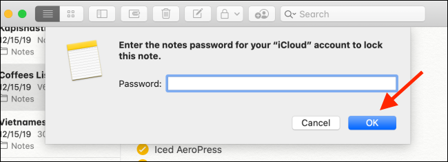 Нажмите OK после ввода пароля на Mac