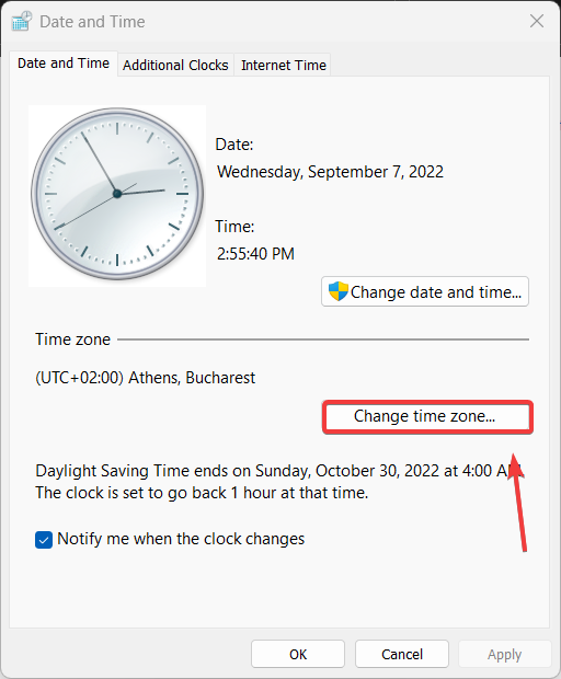 Кнопка «Изменить часовой пояс»