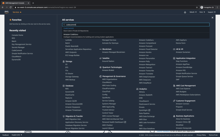 Поиск CodeCommit в консоли
