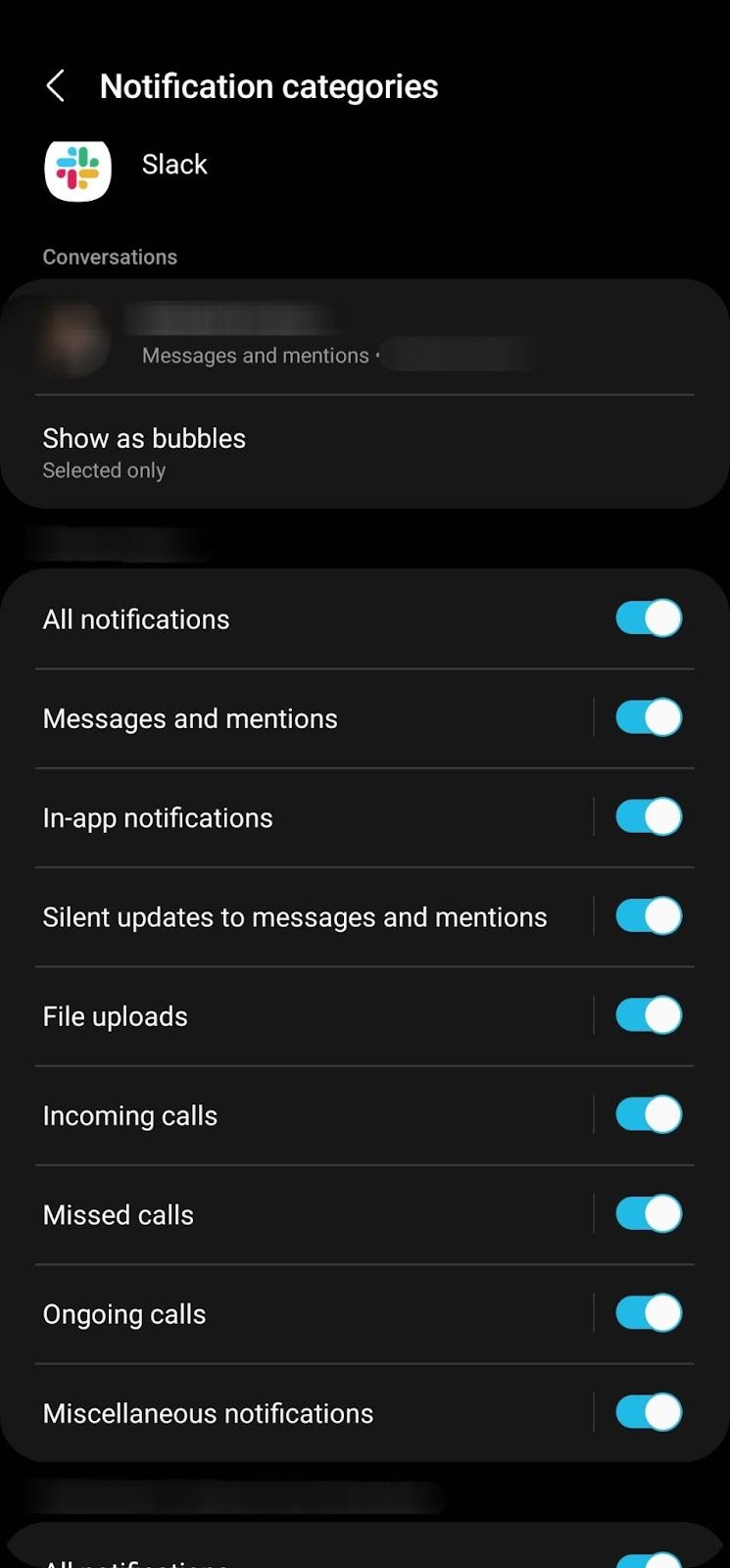 Категории уведомлений Slack с разными типами оповещений