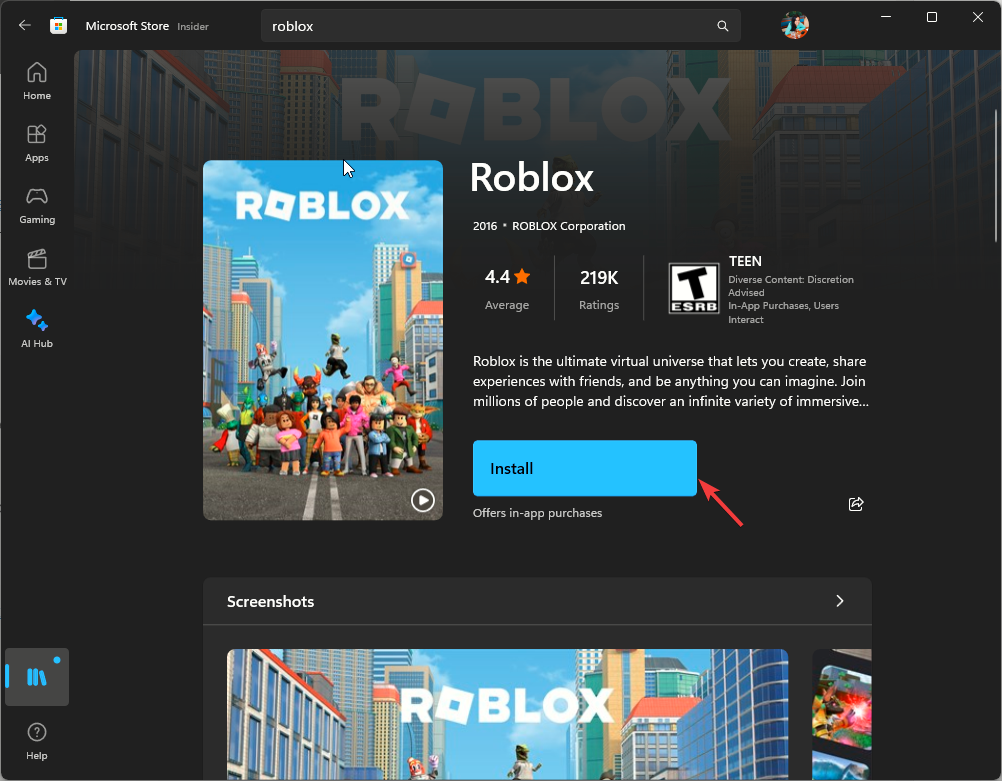 Скриншот: установка Roblox из Microsoft Store