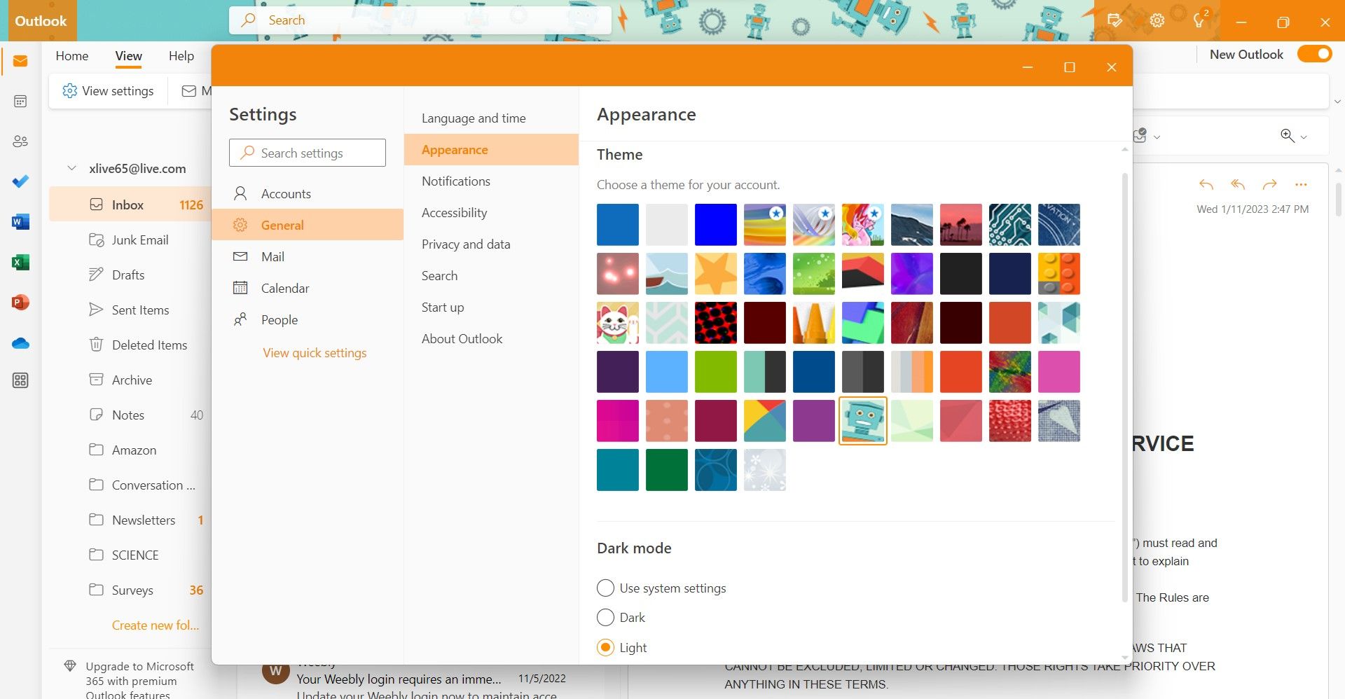 смена темы outlook