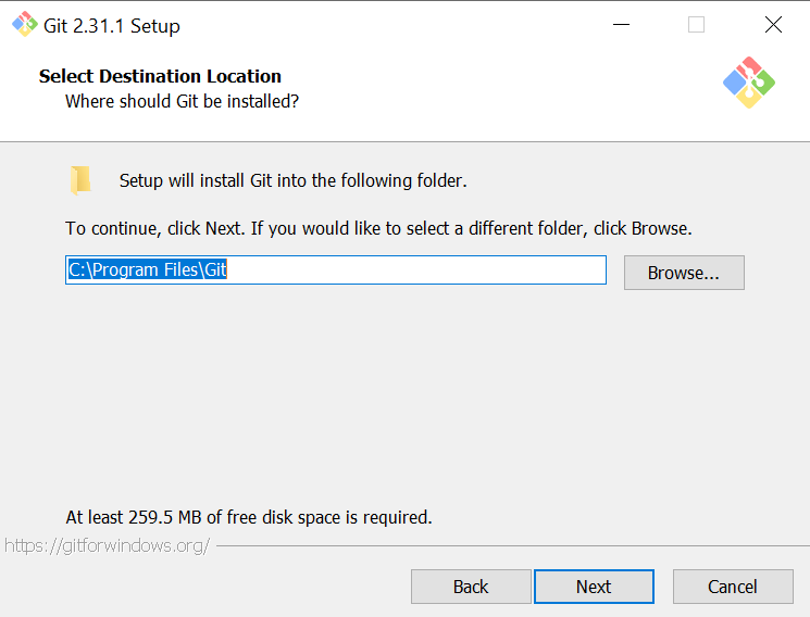 Выбор папки установки Git