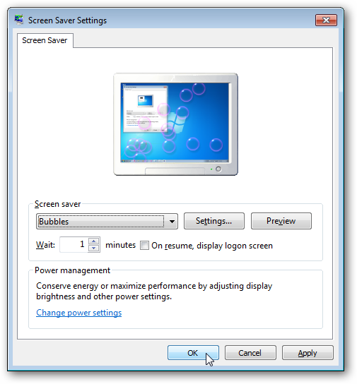 Диалог выбора экранной заставки