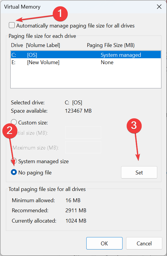Снята опция автоматического управления файлом подкачки