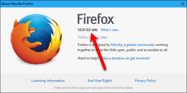 Окно «О Firefox» с указанием 32‑битной версии